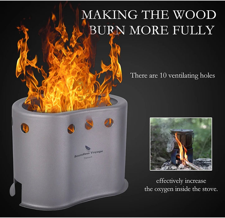 Boundless Voyage Titanium Foldable Wood Burning Stove with Camping Pot – Ultra-Light & Compact for Outdoor Cooking