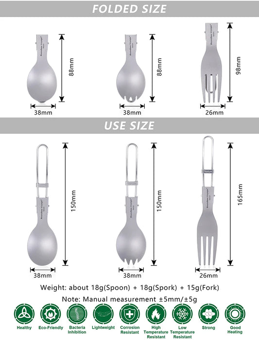 Boundless Voyage Titanium Folding Spoon, Spork & Fork Set – Ultralight Camping Cutlery