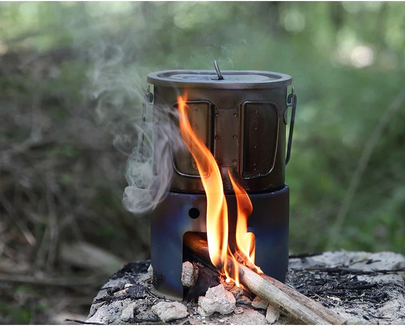 Boundless Voyage Titanium Foldable Wood Burning Stove with Camping Pot – Ultra-Light & Compact for Outdoor Cooking