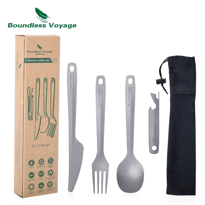 Boundless Voyage Titanium Cutlery Set – 4-Piece Camping Utensils with Carrying Case