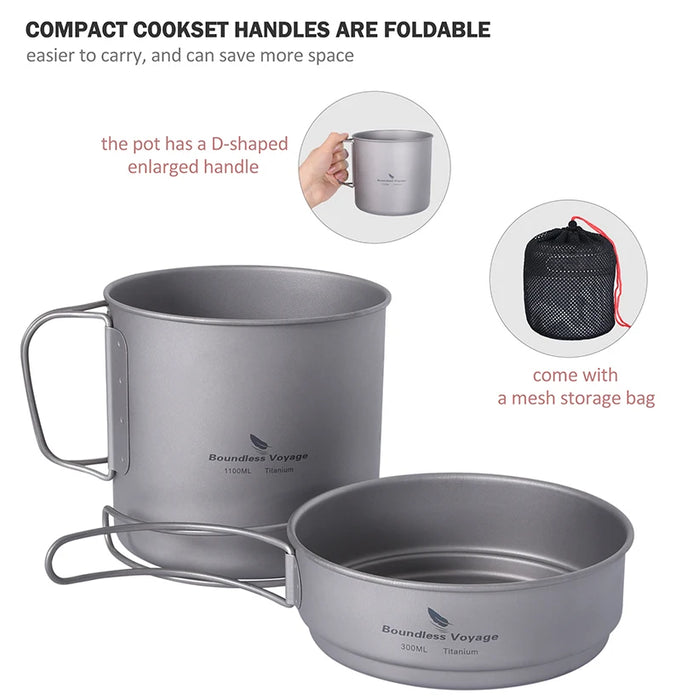 Boundless Voyage 1100ML + 300ML Titanium Pot & Pan Set with Folding Handles