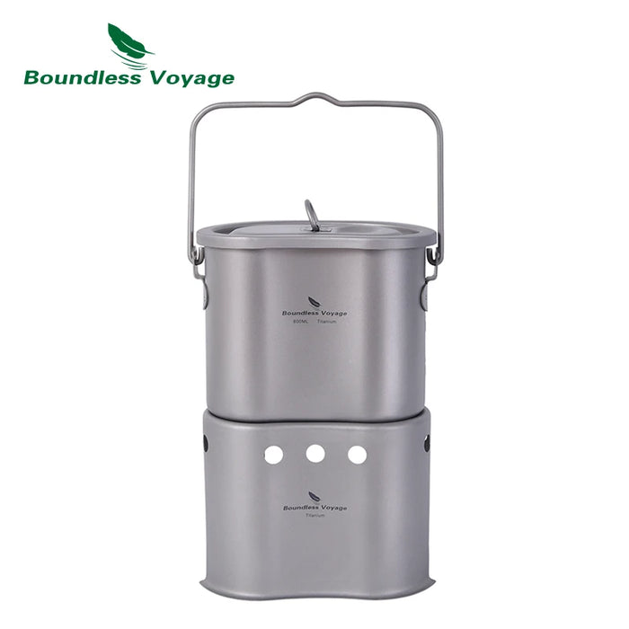 Boundless Voyage Titanium Foldable Wood Burning Stove with Camping Pot – Ultra-Light & Compact for Outdoor Cooking