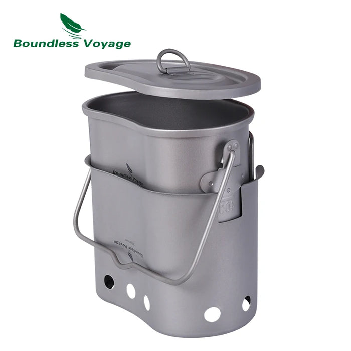 Boundless Voyage Titanium Foldable Wood Burning Stove with Camping Pot – Ultra-Light & Compact for Outdoor Cooking