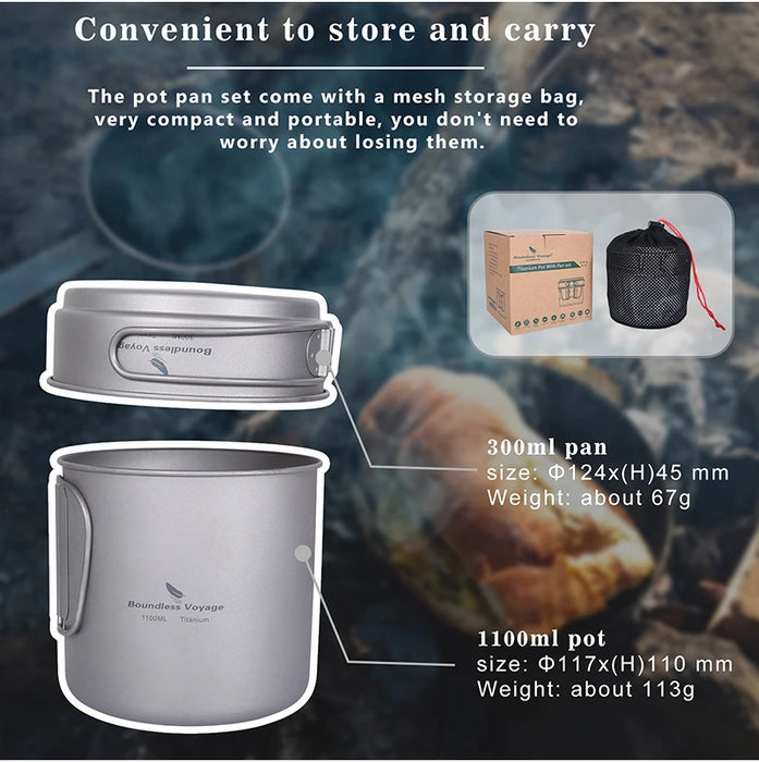 Boundless Voyage 1100ML + 300ML Titanium Pot & Pan Set with Folding Handles