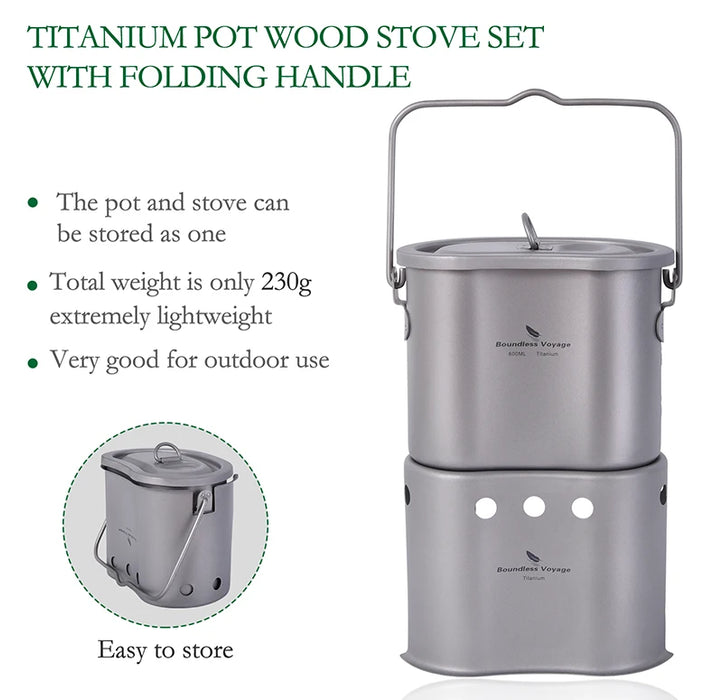 Boundless Voyage Titanium Foldable Wood Burning Stove with Camping Pot – Ultra-Light & Compact for Outdoor Cooking