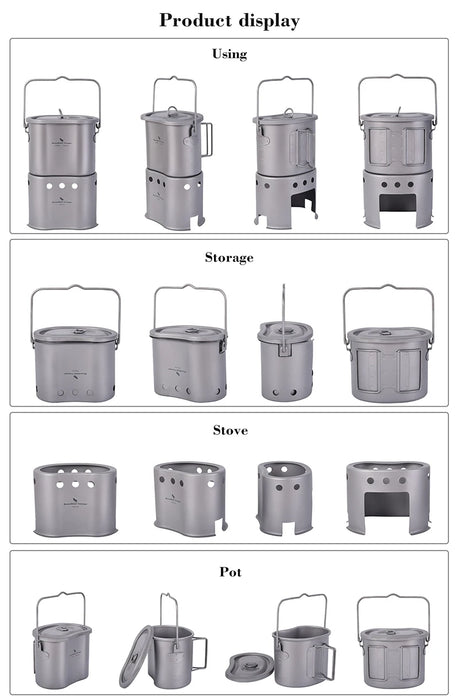 Boundless Voyage Titanium Foldable Wood Burning Stove with Camping Pot – Ultra-Light & Compact for Outdoor Cooking