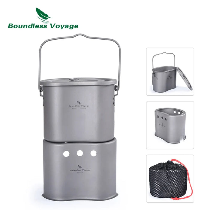 Boundless Voyage Titanium Foldable Wood Burning Stove with Camping Pot – Ultra-Light & Compact for Outdoor Cooking