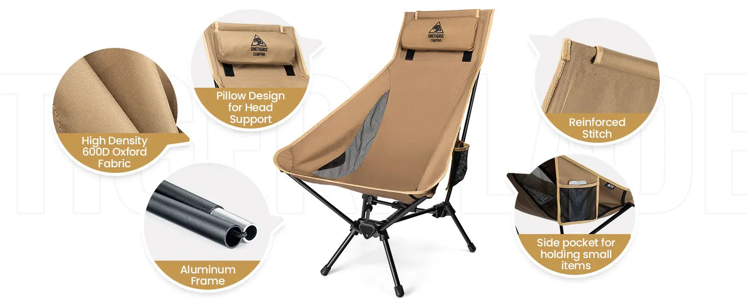 OneTigris Tigerblade High Back Camping Chair – Foldable & Comfortable Outdoor Chair with Pillow