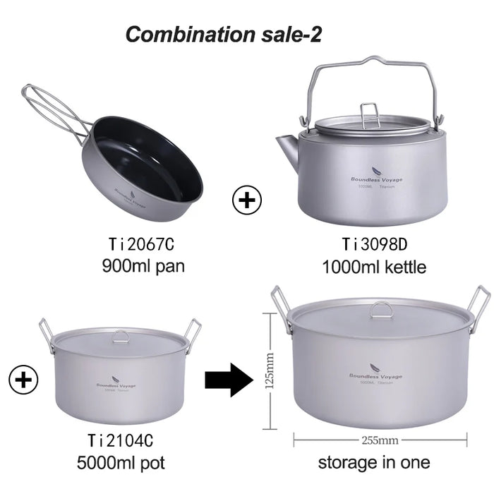 Boundless Voyage Titanium Camping Cookware Set – Kettle, Pot & Frying Pan Combo