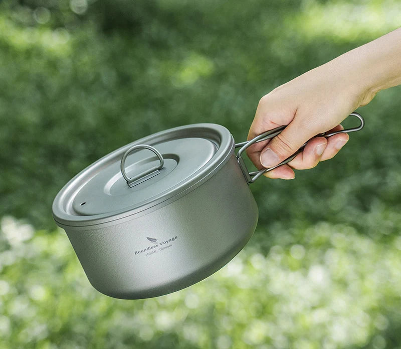 Boundless Voyage Titanium Camping Pot – Ultralight Outdoor Cooking Pot with Lid & Folding Handle