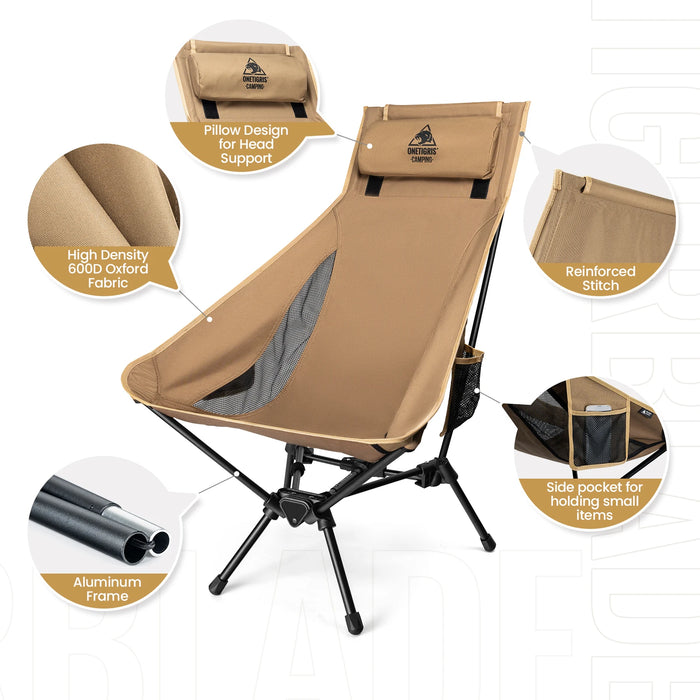 OneTigris Tigerblade High Back Camping Chair – Foldable & Comfortable Outdoor Chair with Pillow