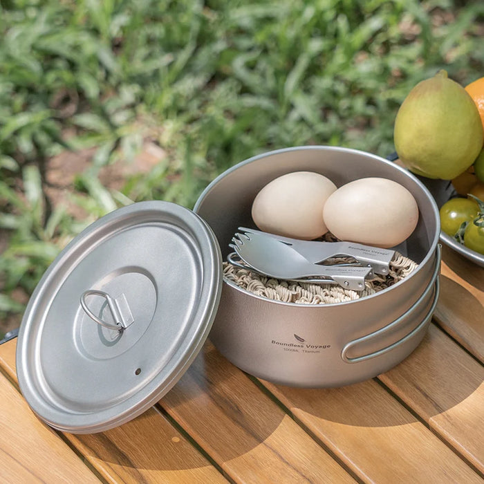 Boundless Voyage Titanium Camping Pot – Ultralight Outdoor Cooking Pot with Lid & Folding Handle