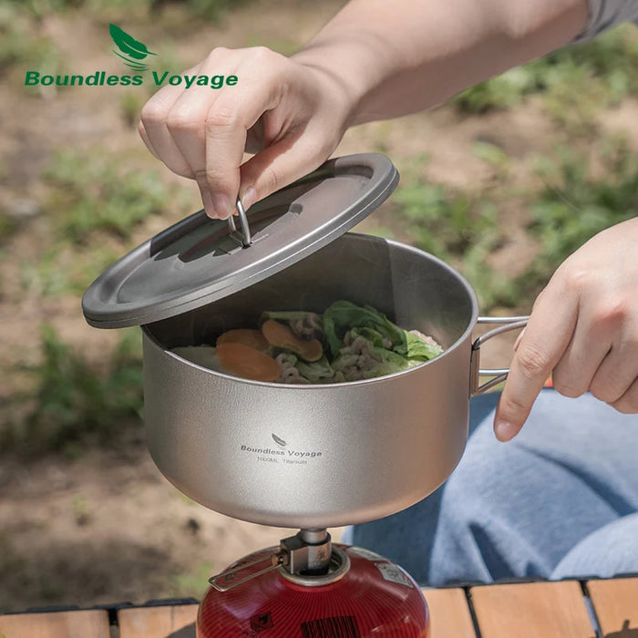 Boundless Voyage Titanium Camping Pot – Ultralight Outdoor Cooking Pot with Lid & Folding Handle