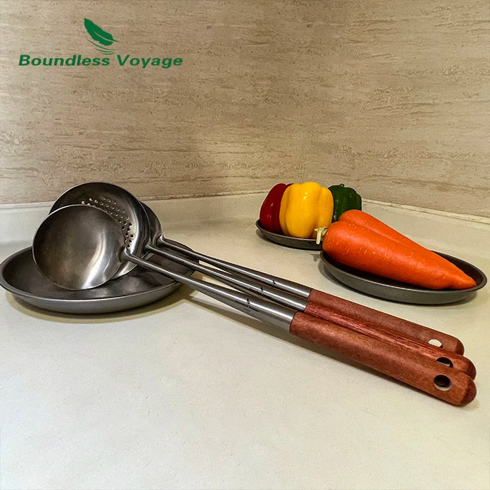 Boundless Voyage Titanium Kitchen Utensil Set – Wok Spatula, Soup Ladle & Strainer Spoon