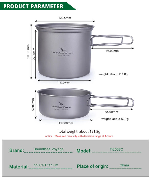 Boundless Voyage Titanium Bowl Pot Set – Ultralight Camping Cookware (1000ml + 500ml)