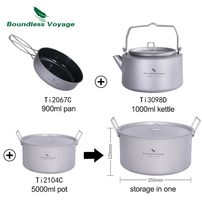 Boundless Voyage Titanium Camping Cookware Set – Kettle, Pot & Frying Pan Combo