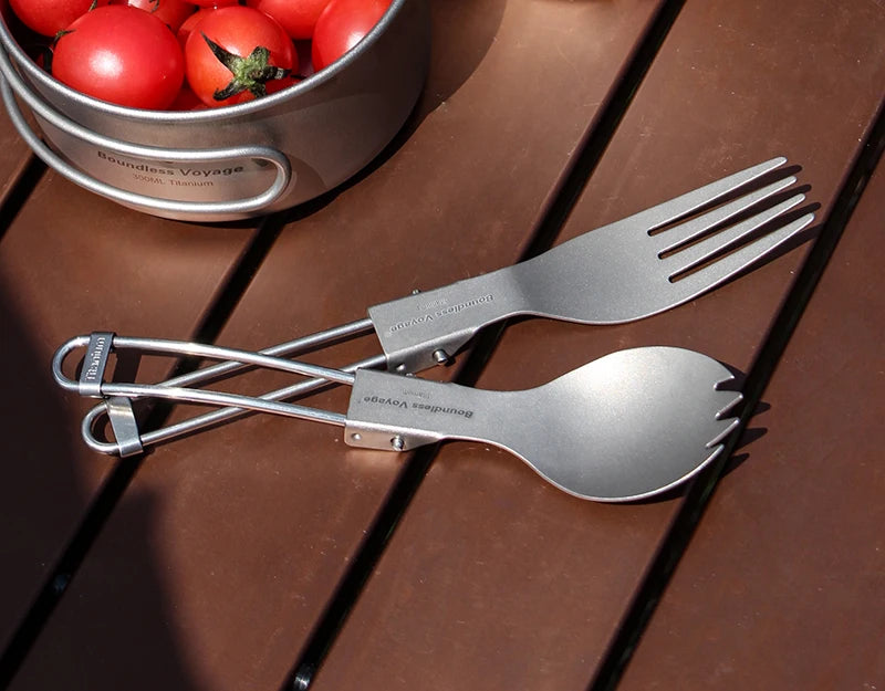 Boundless Voyage Titanium Folding Spoon, Spork & Fork Set – Ultralight Camping Cutlery