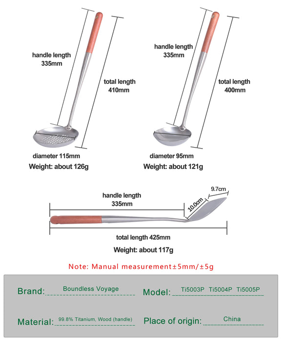 Boundless Voyage Titanium Kitchen Utensil Set – Wok Spatula, Soup Ladle & Strainer Spoon