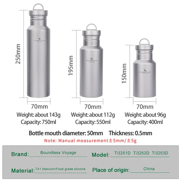 Boundless Voyage Wide Mouth Titanium Water Bottle – 400ml / 550ml / 750ml