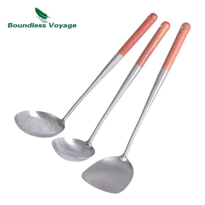 Boundless Voyage Titanium Kitchen Utensil Set – Wok Spatula, Soup Ladle & Strainer Spoon