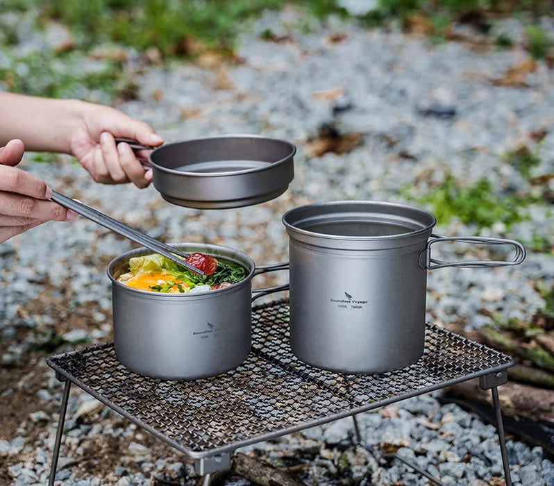 Boundless Voyage Titanium Pot & Pan Set with Folding Handle – Ultra-Light Mess Kit for Outdoor Camping & Backpacking