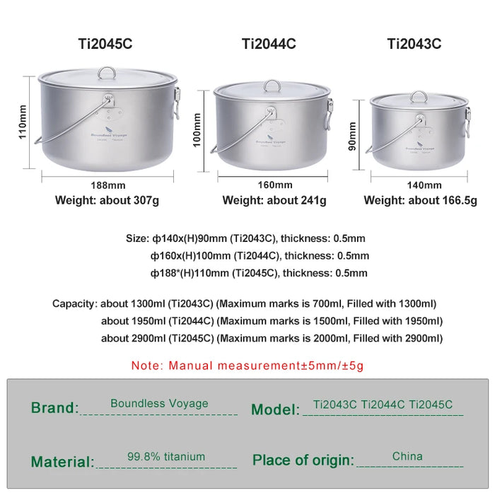 Boundless Voyage Titanium Camping Pot – Ultra-Light & Large Capacity Outdoor Cooking Pot