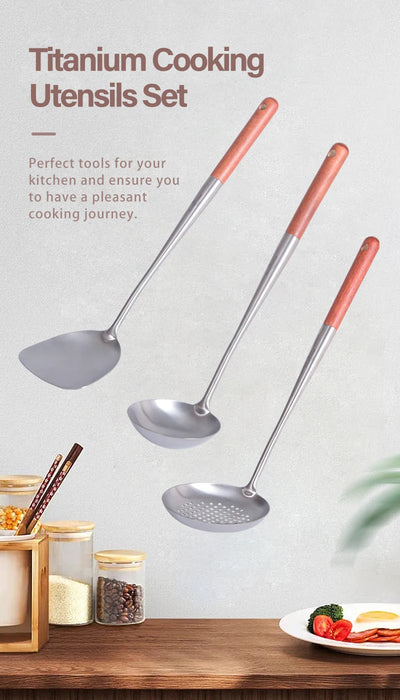 Boundless Voyage Titanium Kitchen Utensil Set – Wok Spatula, Soup Ladle & Strainer Spoon