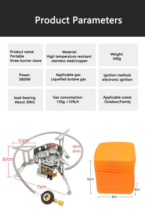 5800W Portable Camping Gas Stove – Windproof 3-Head High-Power Burner | Foldable & Lightweight Outdoor Cooking Gear