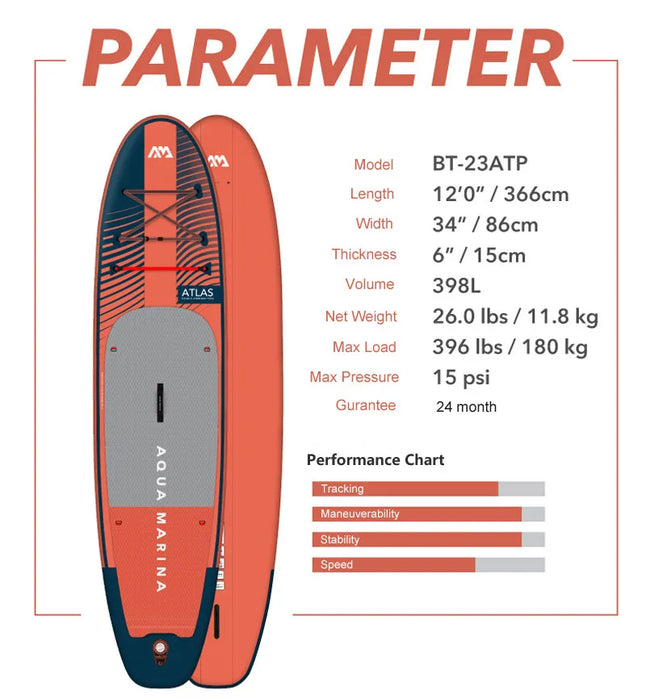 AQUA MARINA ATLAS 2023 Inflatable Stand-Up Paddle Board – 12'0" SUP for Surfing & Water Sports