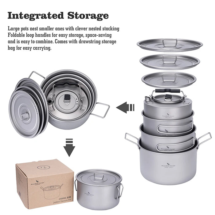 Boundless Voyage Titanium Camping Cookware Mess Kit – Lightweight Pot & Pan Set