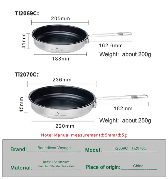 Boundless Voyage 18.8/22CM Titanium Non-Stick Camping Frying Pan with Folding Handle