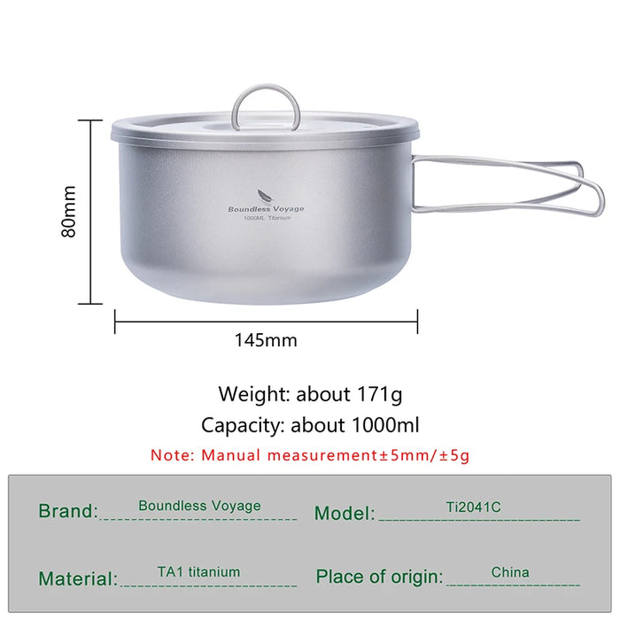 Boundless Voyage Titanium Camping Pot – Ultralight Outdoor Cooking Pot with Lid & Folding Handle