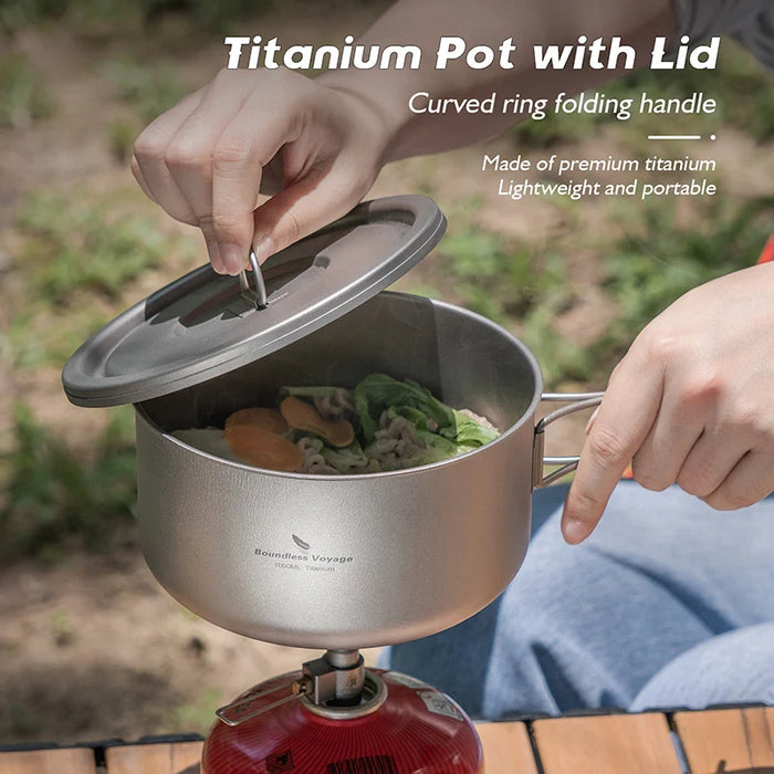 Boundless Voyage Titanium Camping Pot – Ultralight Outdoor Cooking Pot with Lid & Folding Handle